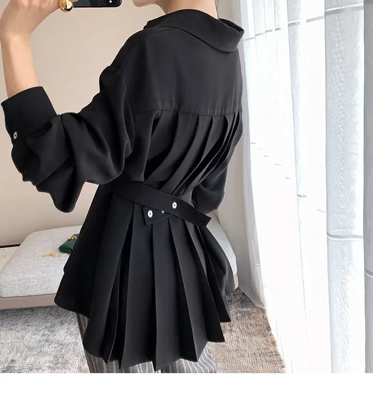 Office Lady Shirt 2021 Elegant Fashion Chiffon Blouse Long Sleeve Solid Color Pleated Slim Waist Collar Tops Temperament Clothes