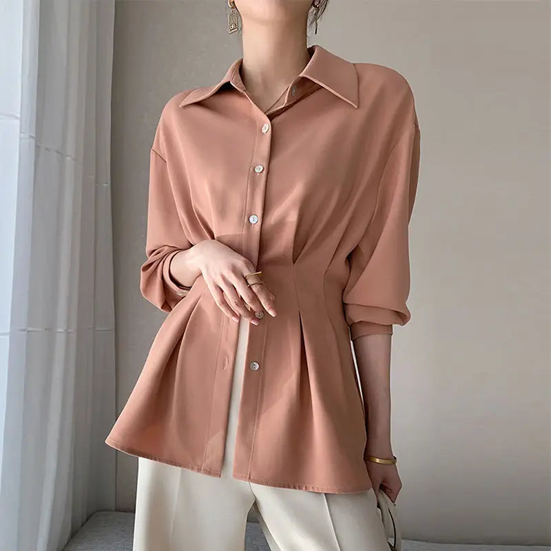 Office Lady Shirt 2021 Elegant Fashion Chiffon Blouse Long Sleeve Solid Color Pleated Slim Waist Collar Tops Temperament Clothes