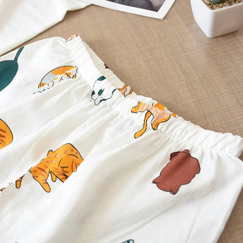 Japanese Summer Ladies New Pajamas Two-piece 100% Cotton Gauze Thin Short-sleeved Shorts Cute Cat Cartoon Home Service Set Women