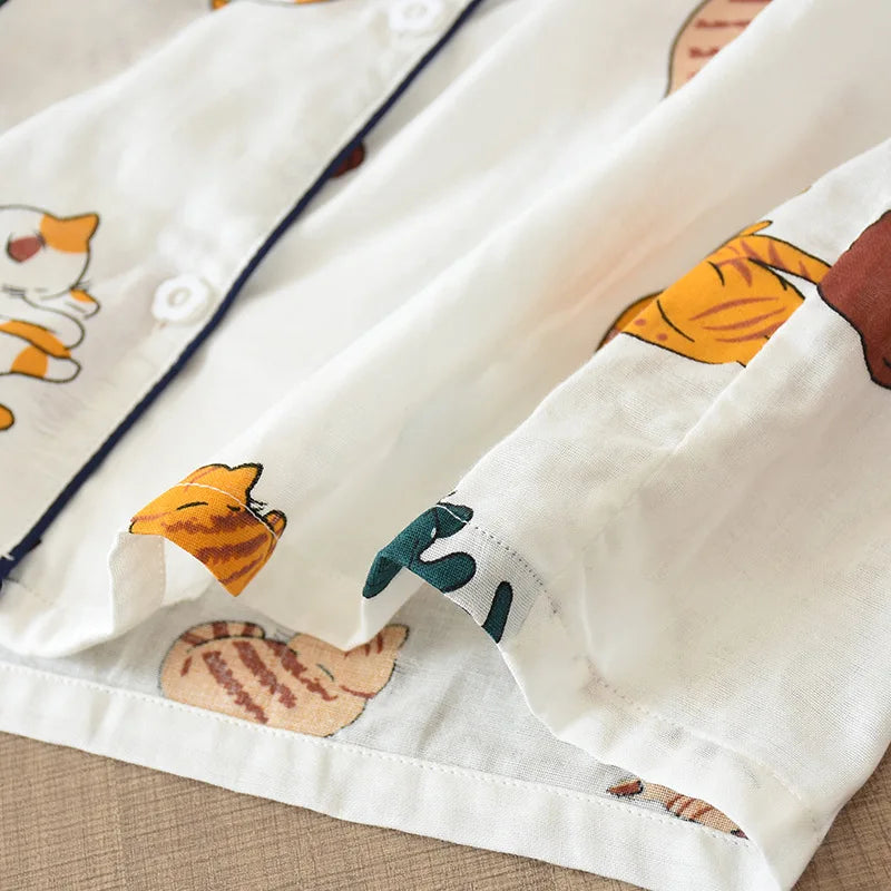 Japanese Summer Ladies New Pajamas Two-piece 100% Cotton Gauze Thin Short-sleeved Shorts Cute Cat Cartoon Home Service Set Women