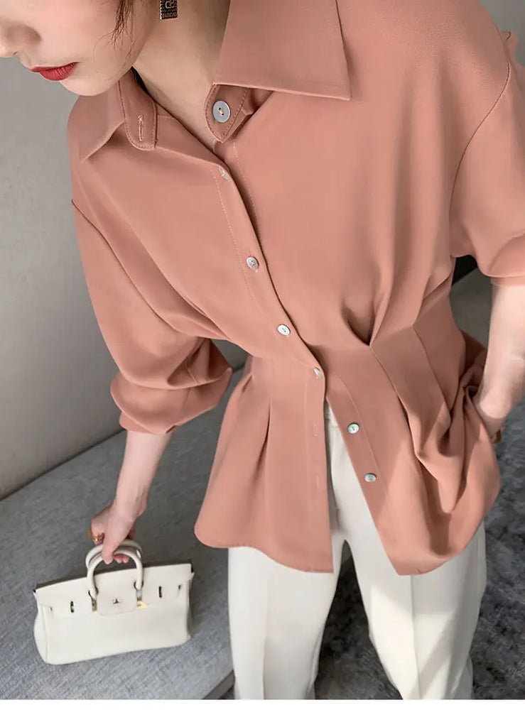 Office Lady Shirt 2021 Elegant Fashion Chiffon Blouse Long Sleeve Solid Color Pleated Slim Waist Collar Tops Temperament Clothes