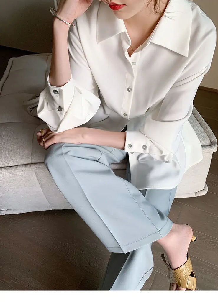 Office Lady Shirt 2021 Elegant Fashion Chiffon Blouse Long Sleeve Solid Color Pleated Slim Waist Collar Tops Temperament Clothes