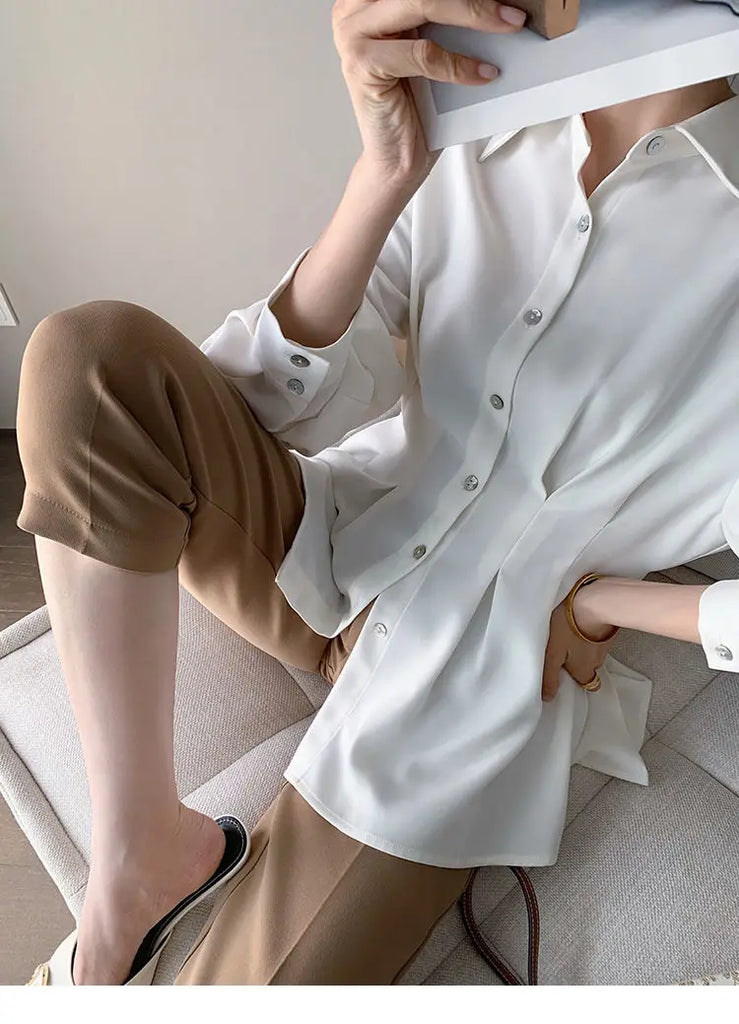 Office Lady Shirt 2021 Elegant Fashion Chiffon Blouse Long Sleeve Solid Color Pleated Slim Waist Collar Tops Temperament Clothes