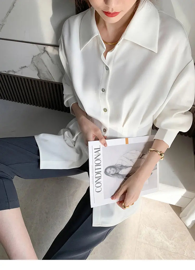 Office Lady Shirt 2021 Elegant Fashion Chiffon Blouse Long Sleeve Solid Color Pleated Slim Waist Collar Tops Temperament Clothes