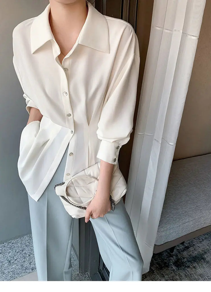 Office Lady Shirt 2021 Elegant Fashion Chiffon Blouse Long Sleeve Solid Color Pleated Slim Waist Collar Tops Temperament Clothes