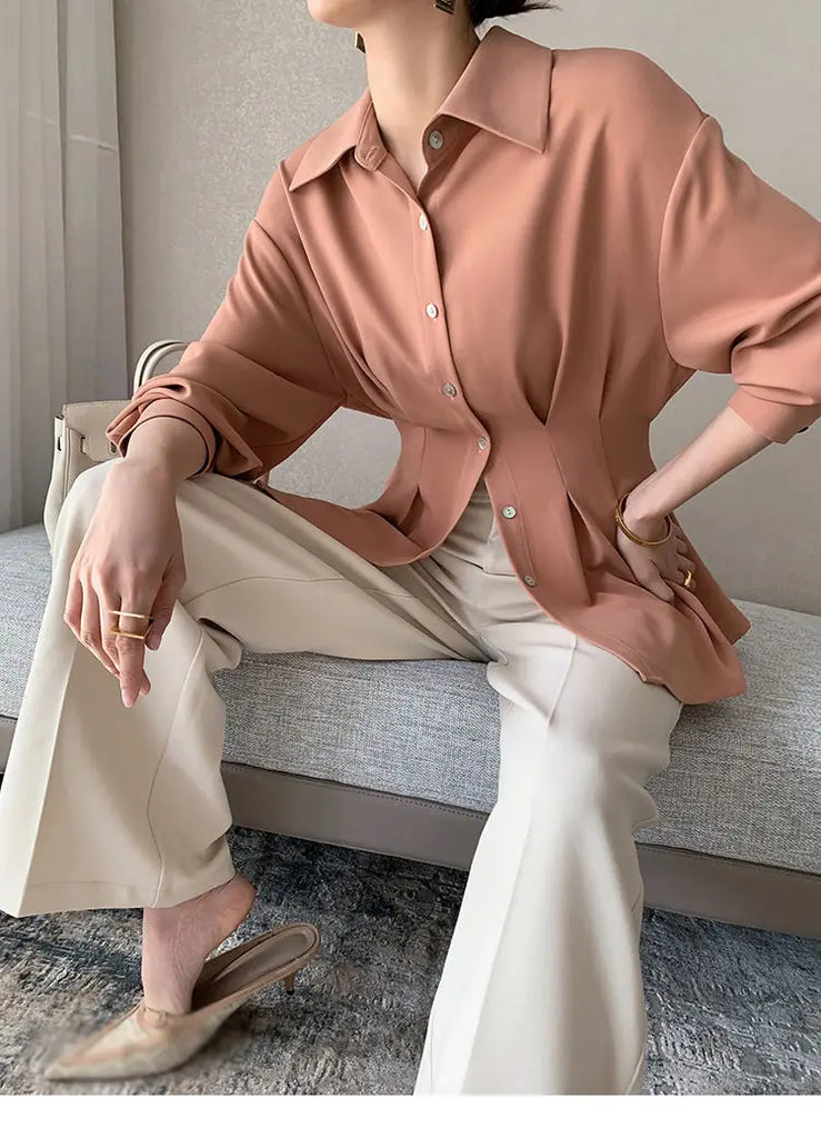 Office Lady Shirt 2021 Elegant Fashion Chiffon Blouse Long Sleeve Solid Color Pleated Slim Waist Collar Tops Temperament Clothes