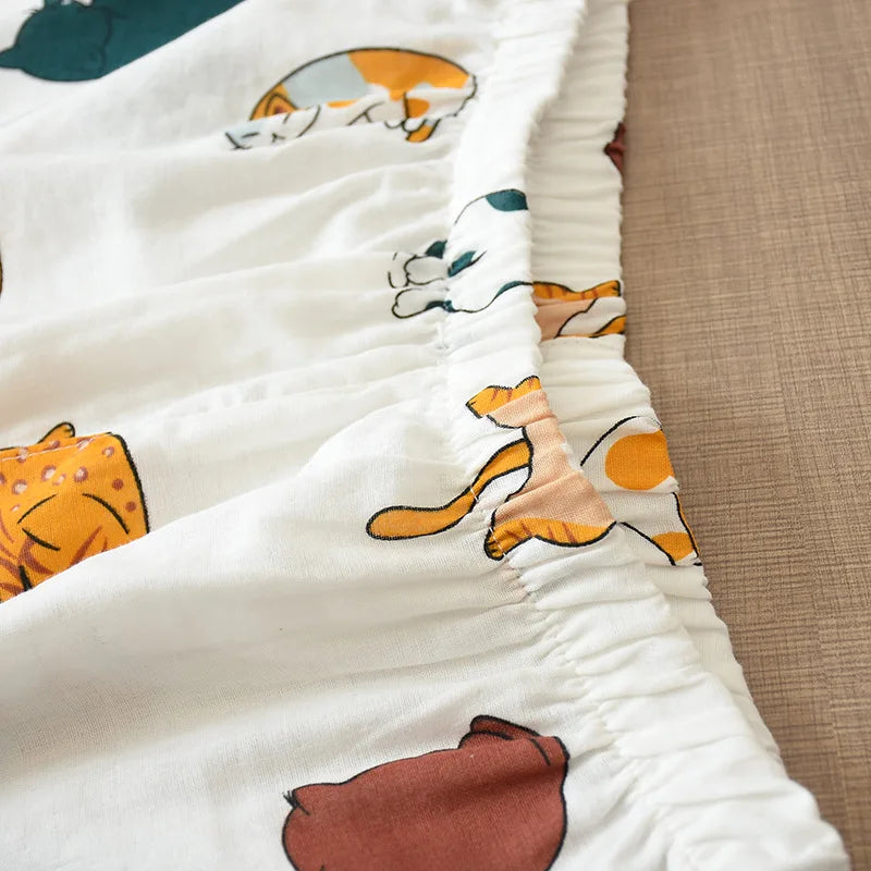 Japanese Summer Ladies New Pajamas Two-piece 100% Cotton Gauze Thin Short-sleeved Shorts Cute Cat Cartoon Home Service Set Women