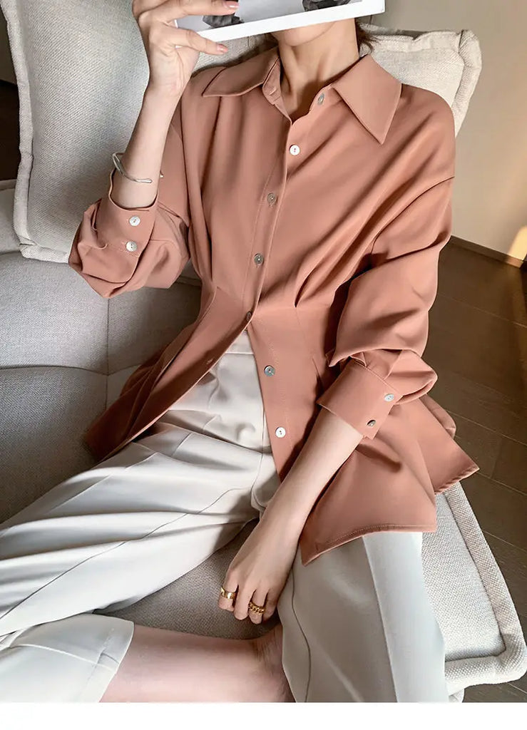 Office Lady Shirt 2021 Elegant Fashion Chiffon Blouse Long Sleeve Solid Color Pleated Slim Waist Collar Tops Temperament Clothes