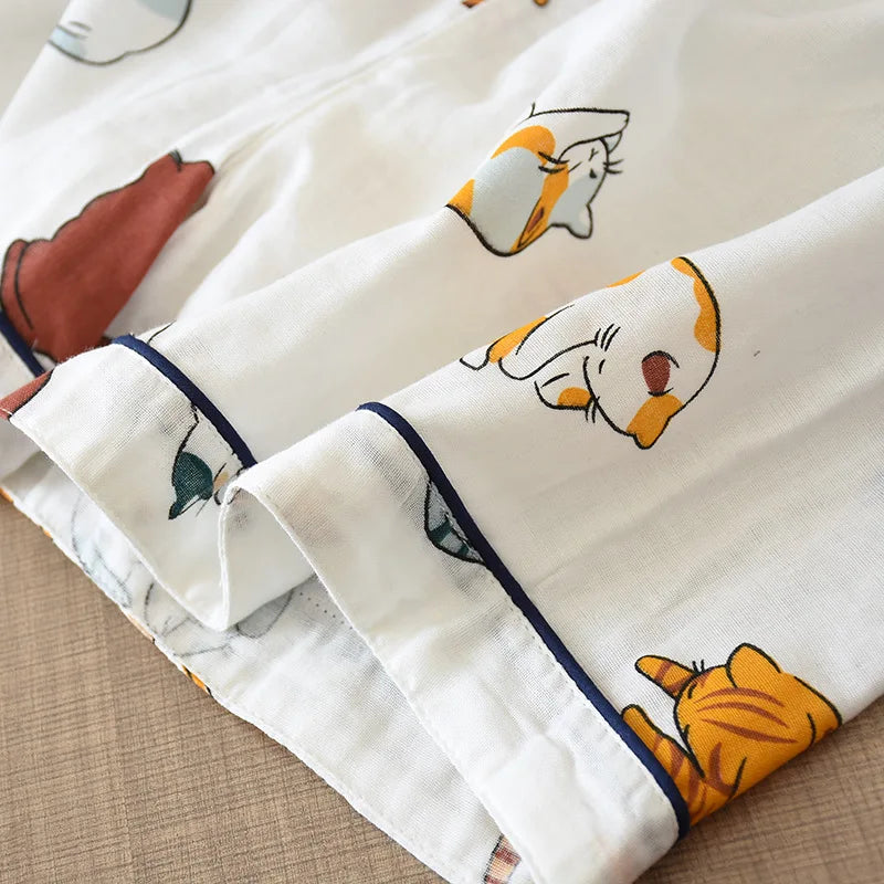Japanese Summer Ladies New Pajamas Two-piece 100% Cotton Gauze Thin Short-sleeved Shorts Cute Cat Cartoon Home Service Set Women