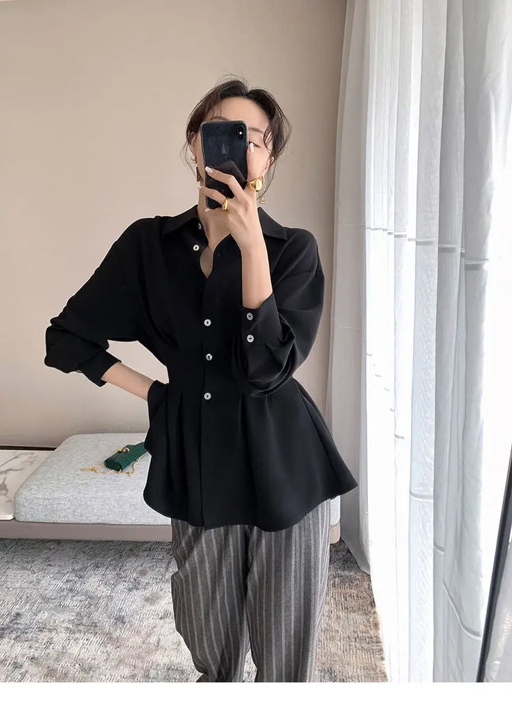 Office Lady Shirt 2021 Elegant Fashion Chiffon Blouse Long Sleeve Solid Color Pleated Slim Waist Collar Tops Temperament Clothes