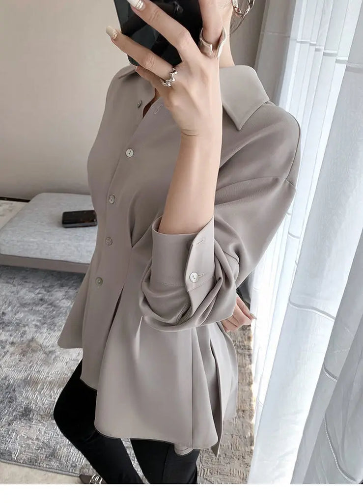 Office Lady Shirt 2021 Elegant Fashion Chiffon Blouse Long Sleeve Solid Color Pleated Slim Waist Collar Tops Temperament Clothes