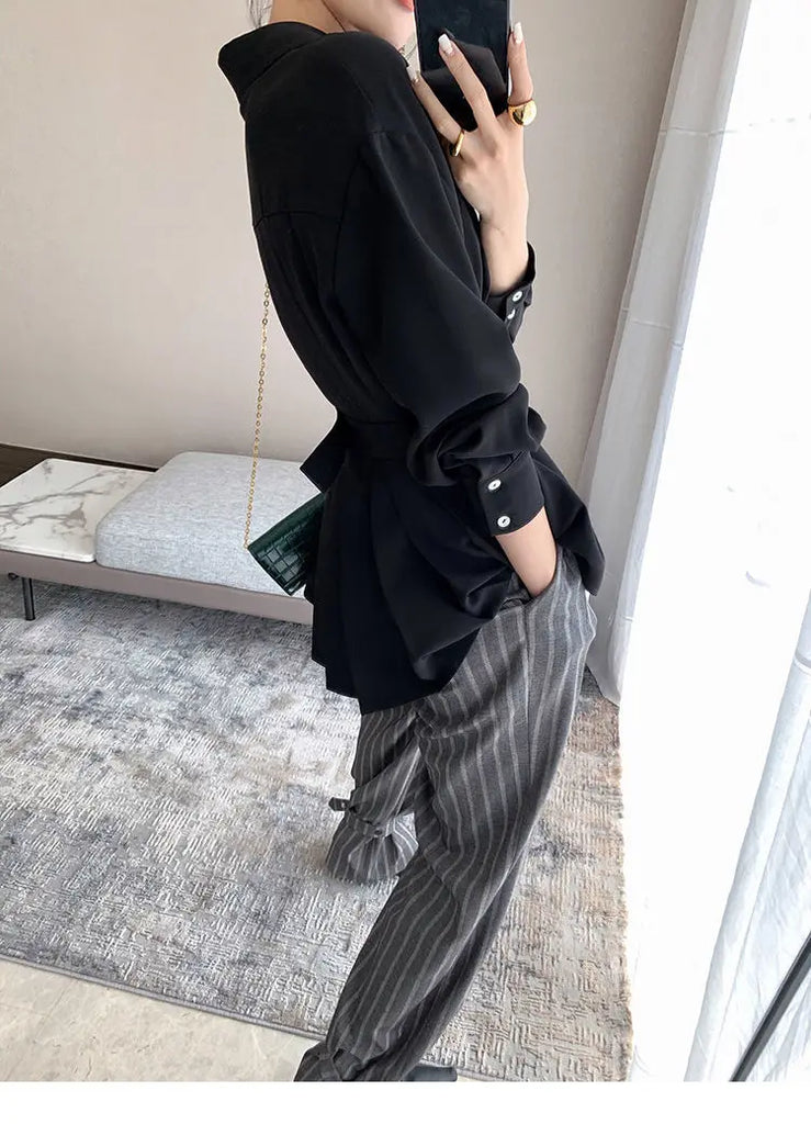 Office Lady Shirt 2021 Elegant Fashion Chiffon Blouse Long Sleeve Solid Color Pleated Slim Waist Collar Tops Temperament Clothes