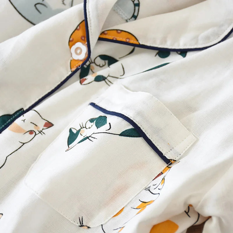 Japanese Summer Ladies New Pajamas Two-piece 100% Cotton Gauze Thin Short-sleeved Shorts Cute Cat Cartoon Home Service Set Women