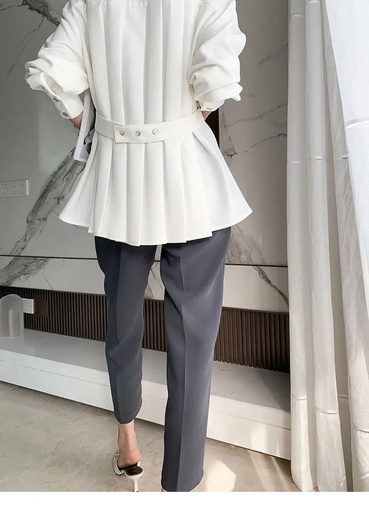Office Lady Shirt 2021 Elegant Fashion Chiffon Blouse Long Sleeve Solid Color Pleated Slim Waist Collar Tops Temperament Clothes