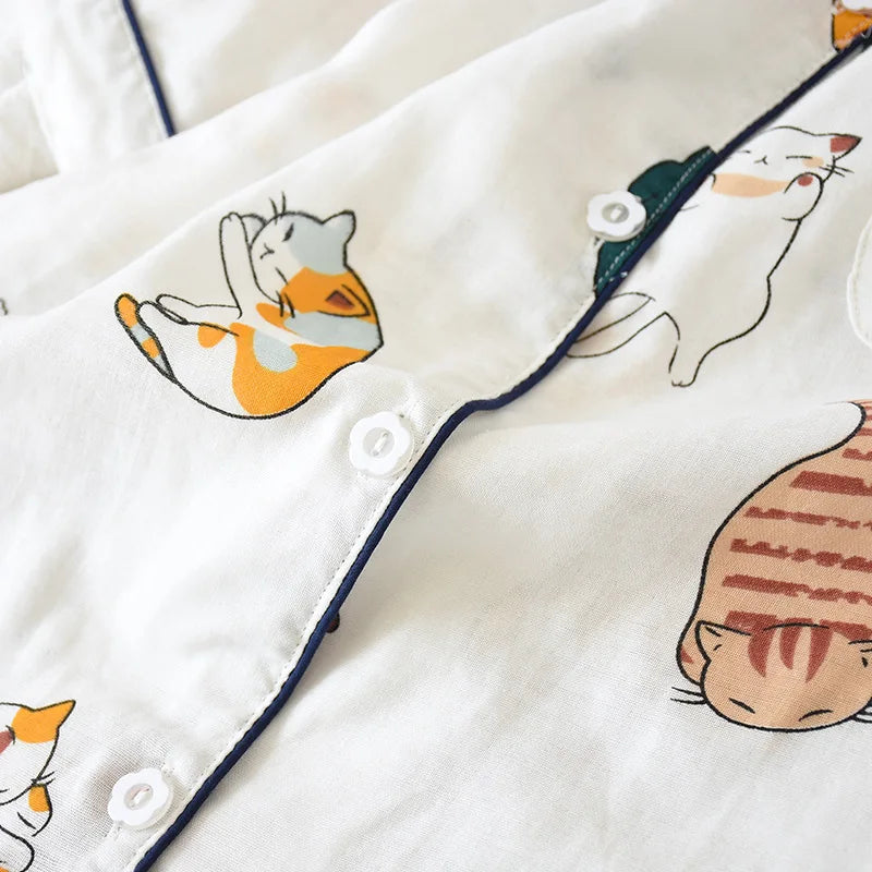 Japanese Summer Ladies New Pajamas Two-piece 100% Cotton Gauze Thin Short-sleeved Shorts Cute Cat Cartoon Home Service Set Women