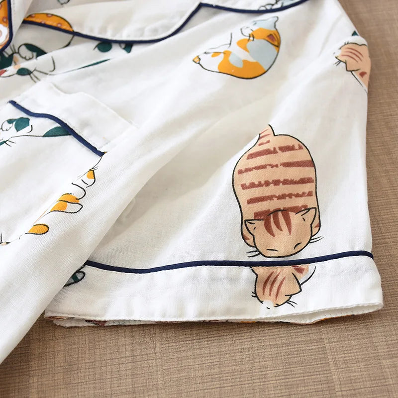 Japanese Summer Ladies New Pajamas Two-piece 100% Cotton Gauze Thin Short-sleeved Shorts Cute Cat Cartoon Home Service Set Women
