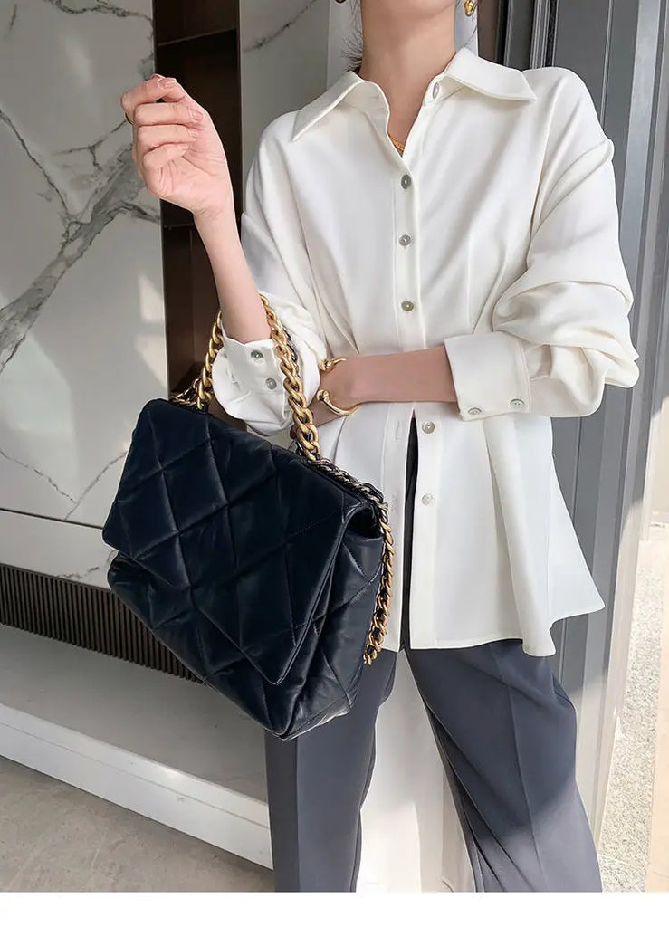 Office Lady Shirt 2021 Elegant Fashion Chiffon Blouse Long Sleeve Solid Color Pleated Slim Waist Collar Tops Temperament Clothes
