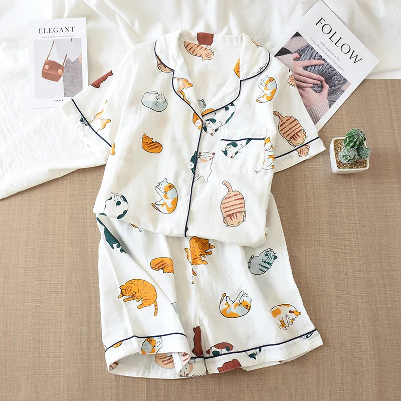 Japanese Summer Ladies New Pajamas Two-piece 100% Cotton Gauze Thin Short-sleeved Shorts Cute Cat Cartoon Home Service Set Women