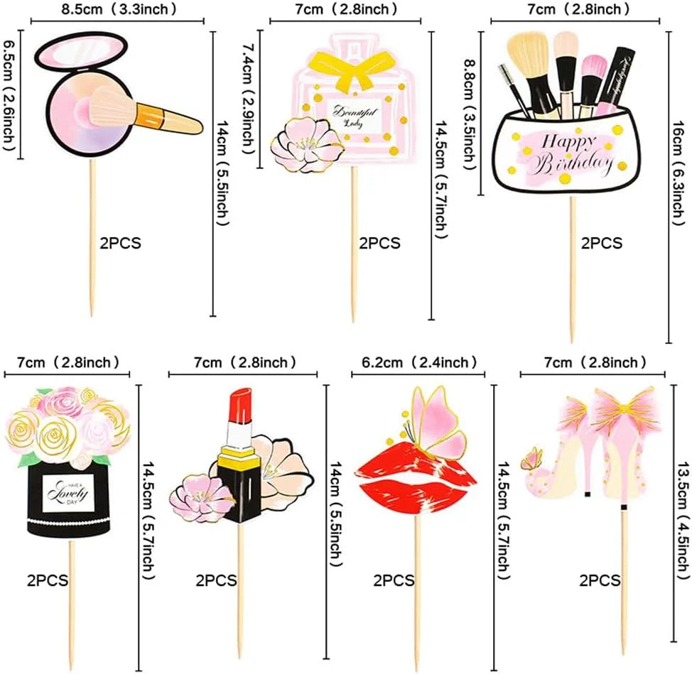 22PC Makeup Cake Toppers Kit - Lipstick, Perfume, Eyelash, Diamond Brush Decor for Women Girls Birthday Bridal Shower Spa Party
