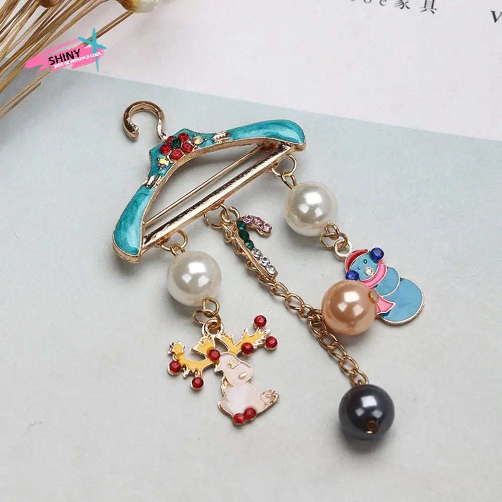 Jewelry Clothing Accessories Christmas Pearl Crutch Drying Racks Enamel Snowman Elk Deer Crystal Hanger Brooch Pin Rhinestones