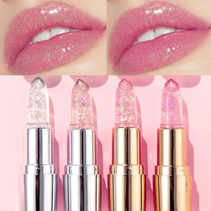 QIBEST Glitter Lipstick Lip Balm Color Change Transparent Moisturizing Crystal Jelly Pearlescent Lip Plumper Gloss Tint Cosmetic