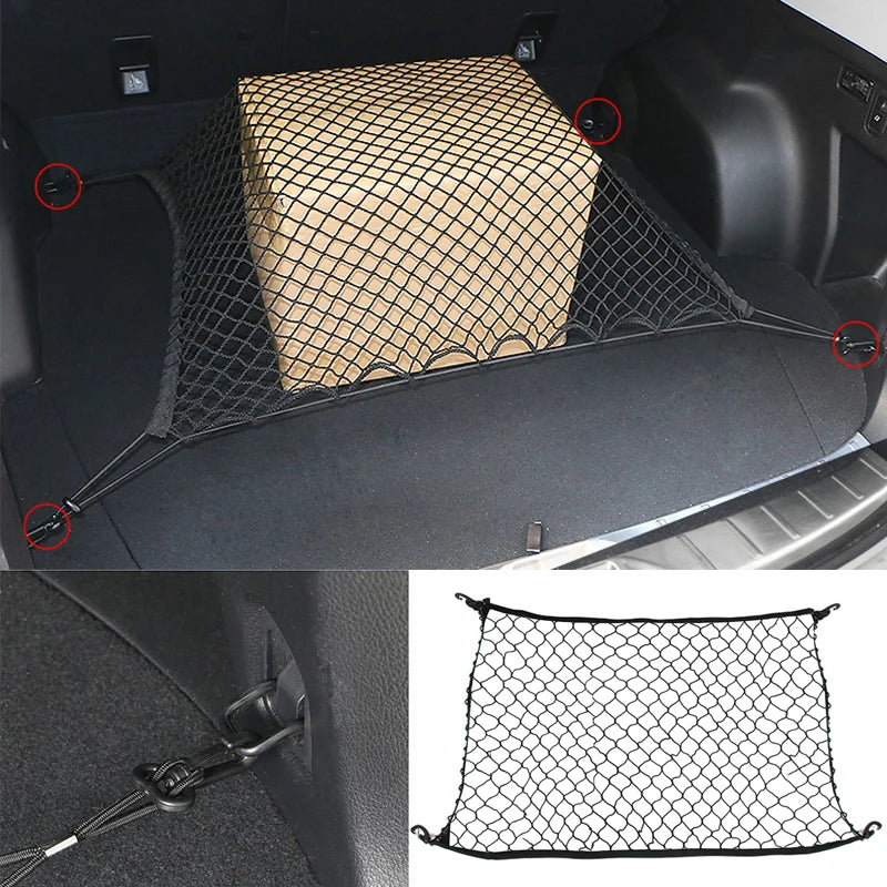 Car Rear Trunk Net Mesh Elastic Nylon Back Cargo Storage Organizer Double Layer Luggage Grocery Holder Universal Car Accessories