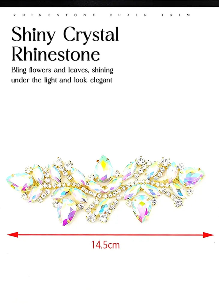Wedding Dress & Shoe Decoration Appliqué - Gold Silver AB Crystal Leaf Glass Rhinestone Chain Fringe Sew-on Garment Accessory
