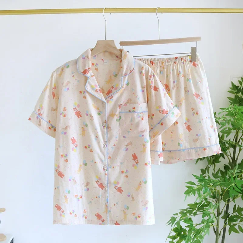 Japanese Summer Ladies New Pajamas Two-piece 100% Cotton Gauze Thin Short-sleeved Shorts Cute Cat Cartoon Home Service Set Women