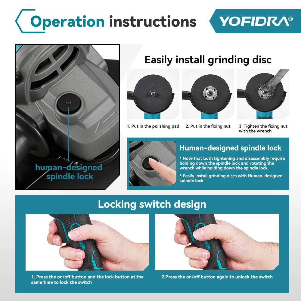 YOFIDRA 20000RPM 125mm Brushless Electric Angle Grinder Wood Metal Cutting Grinding Polishing Power Tool For Makita Battery Pin