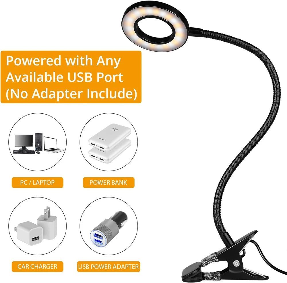 360° Flexible 48 LEDs Clip on Desk Lamp Gooseneck Reading Table Light Eye-Caring USB Clamp Books Night Light Study Read Light