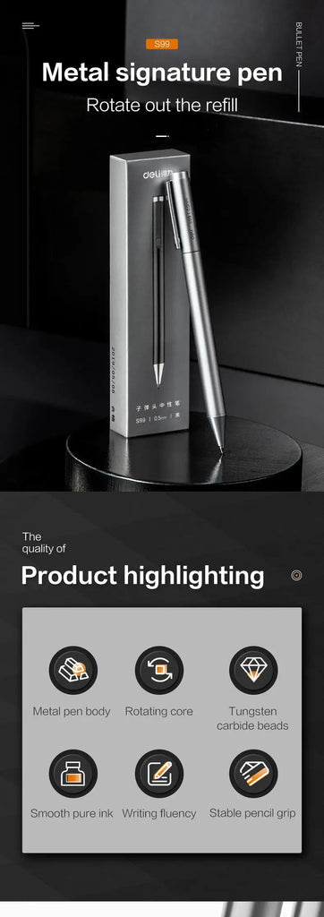 DELI Metal Sign Pen 0.5mm Gel Ink Pens Golden Silver Color Metallic Writing Pen Office Supplies