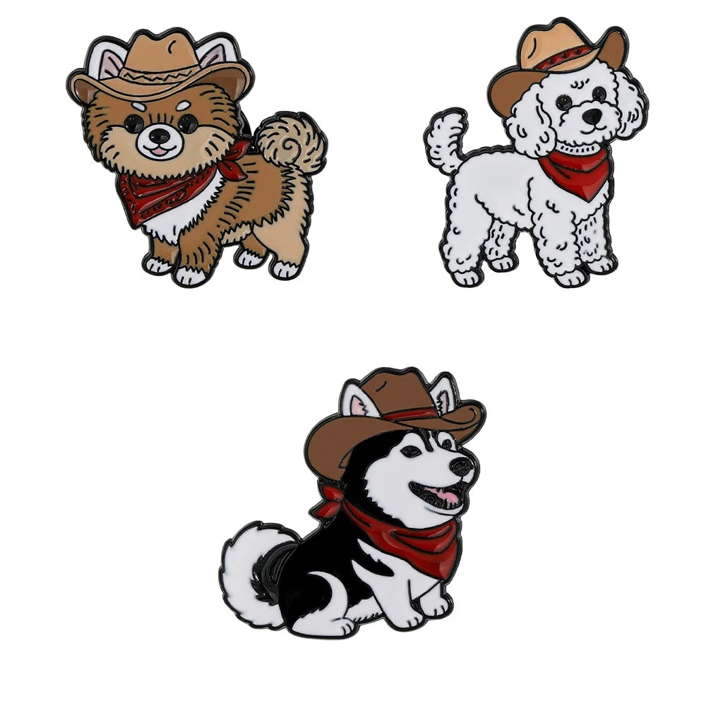 3 Styles Cartoon Cowboy Hat Dog Enamel Brooches Cute Poodle Husky Pup Shaped Metal Pins Pet Owner Badge