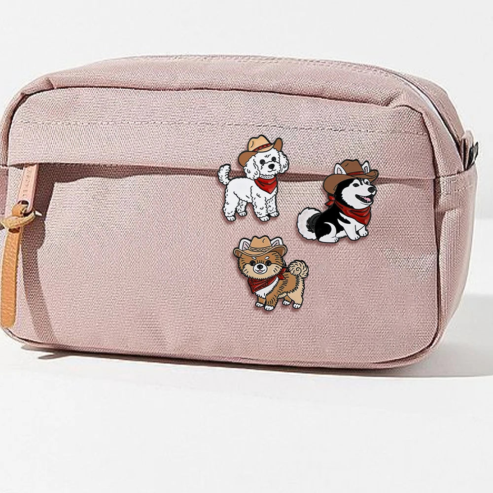 3 Styles Cartoon Cowboy Hat Dog Enamel Brooches Cute Poodle Husky Pup Shaped Metal Pins Pet Owner Badge