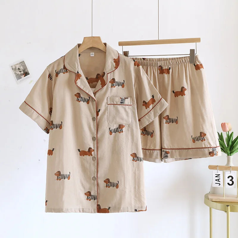 Japanese Summer Ladies New Pajamas Two-piece 100% Cotton Gauze Thin Short-sleeved Shorts Cute Cat Cartoon Home Service Set Women