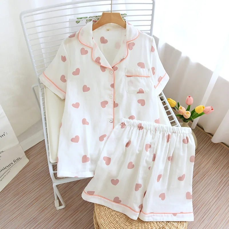 Japanese Summer Ladies New Pajamas Two-piece 100% Cotton Gauze Thin Short-sleeved Shorts Cute Cat Cartoon Home Service Set Women