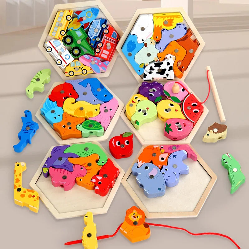 Montessori Wooden Magnetic Fishing Toys Marine Life Cognition Games Early Educational Toy for Kids Parent-child Interactive