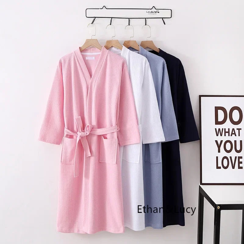 100% Cotton Waffle Robes for Women Summer Thin (nine Sleeves + Short Sleeves) Bathrobe Nightgown Home Service Hotel Bathrobe