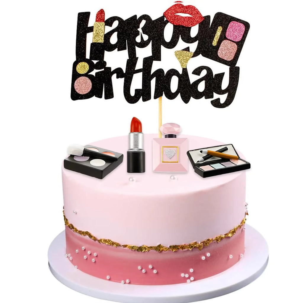 22PC Makeup Cake Toppers Kit - Lipstick, Perfume, Eyelash, Diamond Brush Decor for Women Girls Birthday Bridal Shower Spa Party