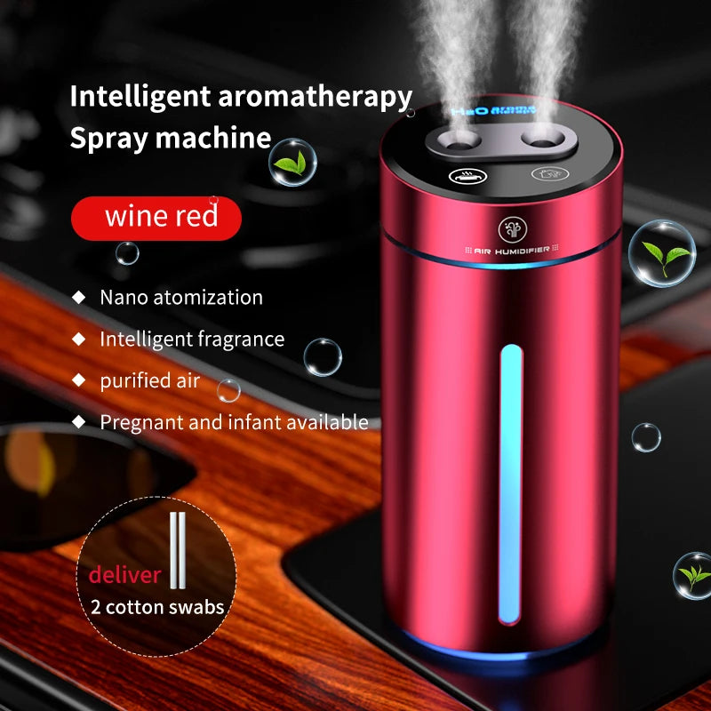 380ML Double Spray Vehicle Air Humidifier USB Charging Mini Essential Oil Diffuser with Mood Light Wireless Car Aroma Humidifier