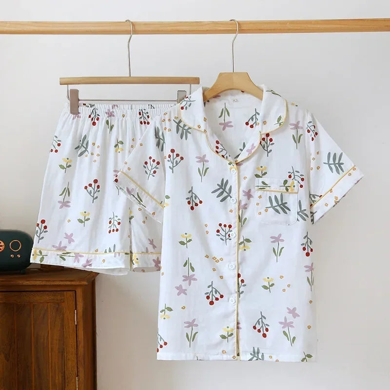 Japanese Summer Ladies New Pajamas Two-piece 100% Cotton Gauze Thin Short-sleeved Shorts Cute Cat Cartoon Home Service Set Women