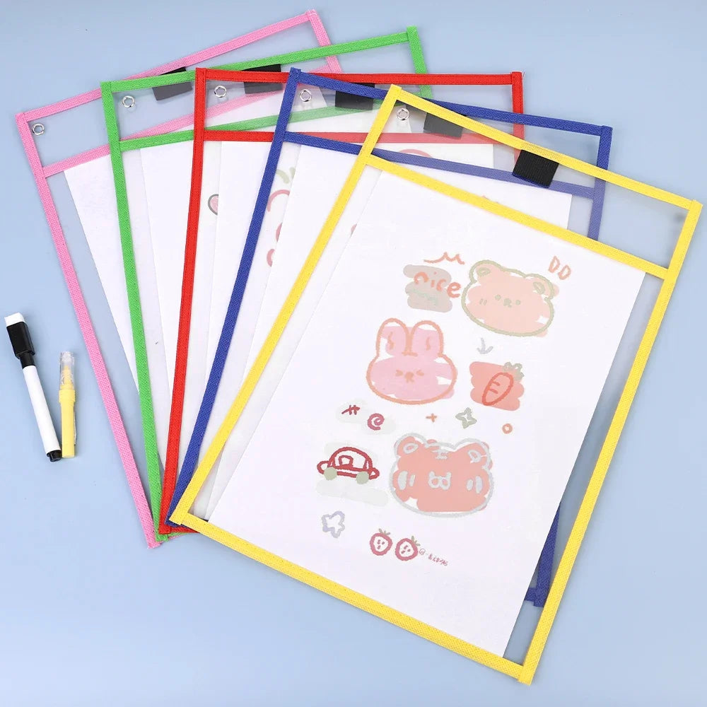 Dry Erase Pockets Reusable File Holder Transparent A4 Folders Kids Teaching Drawing Board Stationary Files Card Storage Supplies