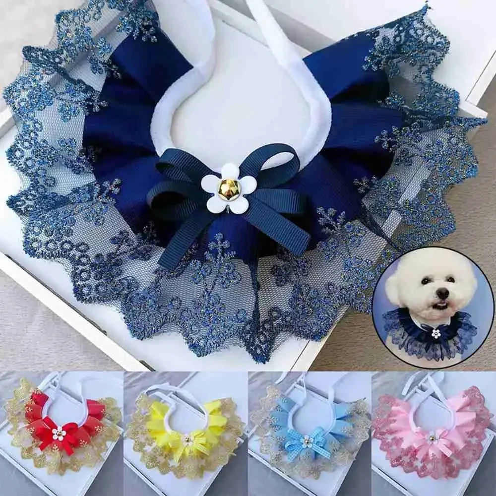 Adjustable Cat Necklace, Lace Mesh Dog Bib Scarf, Saliva Towel Neck Strap with Bowknot for Pet, Fashion Pet Neckerchief Collar