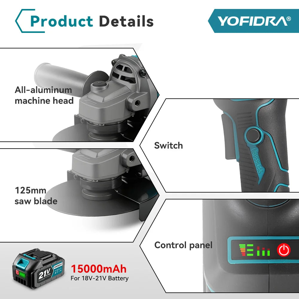 YOFIDRA 20000RPM 125mm Brushless Electric Angle Grinder Wood Metal Cutting Grinding Polishing Power Tool For Makita Battery Pin