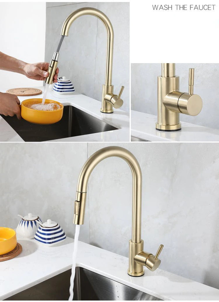 Brushed Gold Kitchen Faucets Single Handle Pull Out Kitchen Sink Mixer Tap Stainless Steel Hot Cold Pull Down Kitchen Faucet