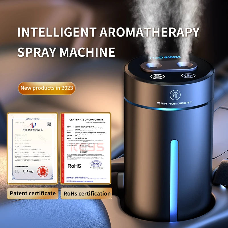 380ML Double Spray Vehicle Air Humidifier USB Charging Mini Essential Oil Diffuser with Mood Light Wireless Car Aroma Humidifier