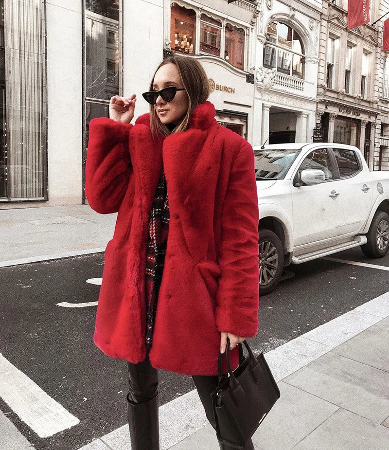 Women Winter Warm Fur Coat Fashion Turn Down Collar Flurry Fur Long Jacket New In Casual Outerwear Solid Color Lady Fur Jacket