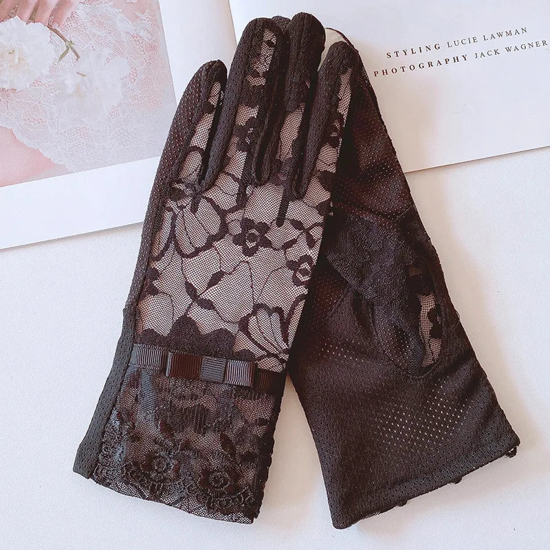 Sunscreen Gloves for Ladies Spring Summer Heat Insulation Ice Silk Lace UV Thin Electric Car Driving Non-slip Breathable Cool