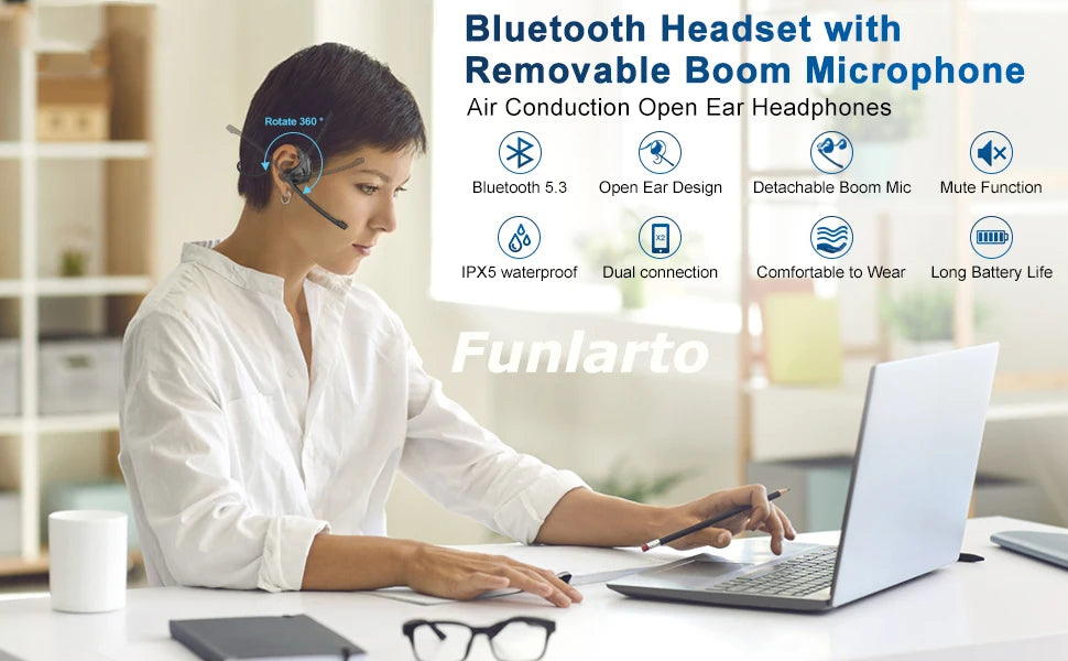 Open Ear Bluetooth Headset with Detachable Microphone Wireless Headphones Trucker Headsets  w/DSP Noise Canceling Mic for Calls