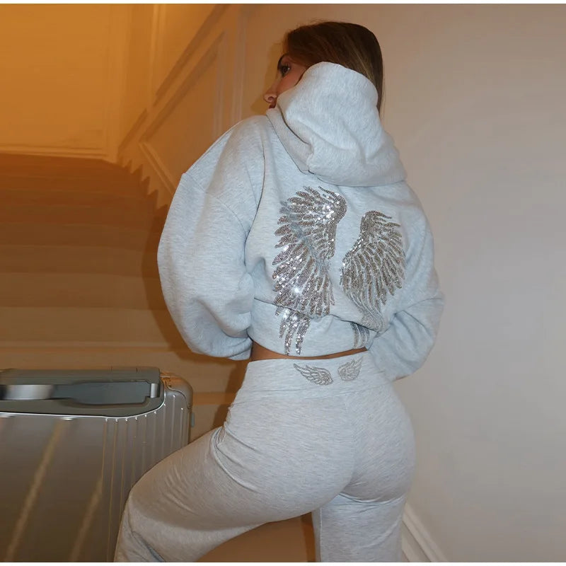 Fashion Loungewear  Women's Grey Sequin Angel Wings Crop Hoodie Top and Sweatpants  Fashion Casual