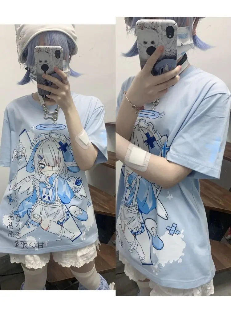 Fashion Summer  Angel Rabbit Rabbit Cute Cartoon Printed Short Soft Girl Sleeve T-shirt Female  College Style Oversized Top
